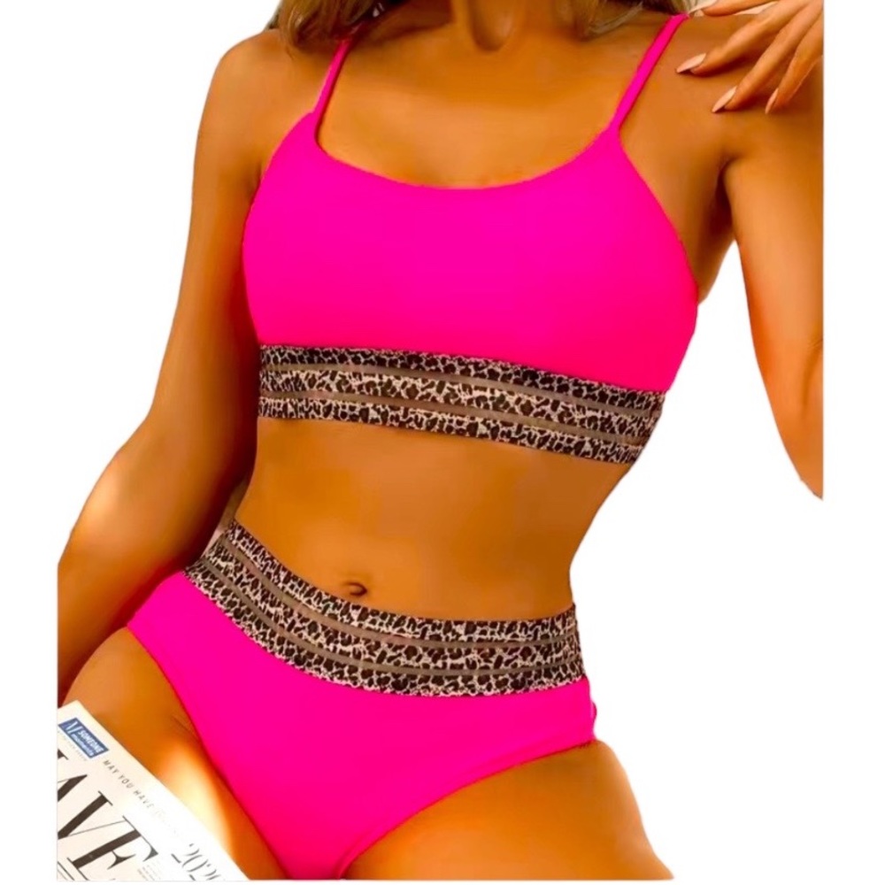 🆕Neon Pink&Leopard Print Mesh Bikini Set:High Cut/Waisted w/ Adjustable Straps